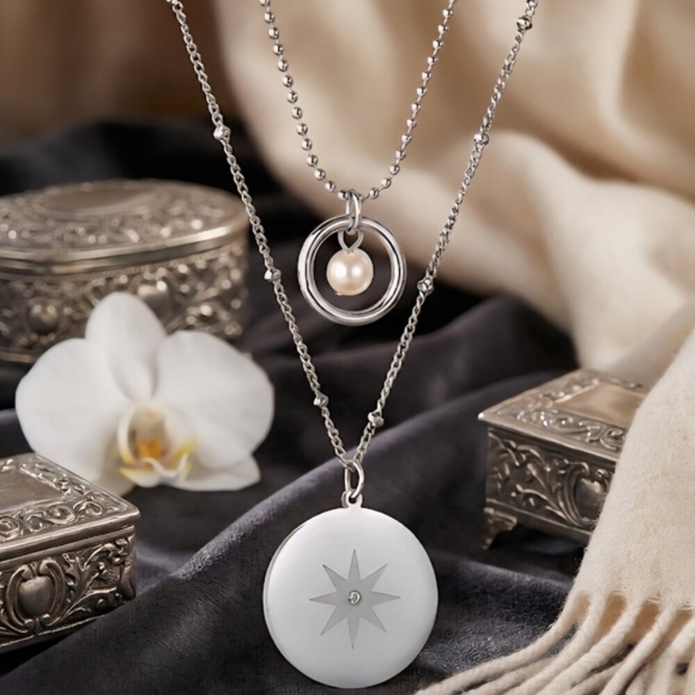 18k White Gold Plated Star Charm Minimalist Layered Necklace Dainty Pearl 35$